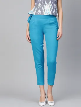 Women Blue Solid High-Rise Cropped Trousers