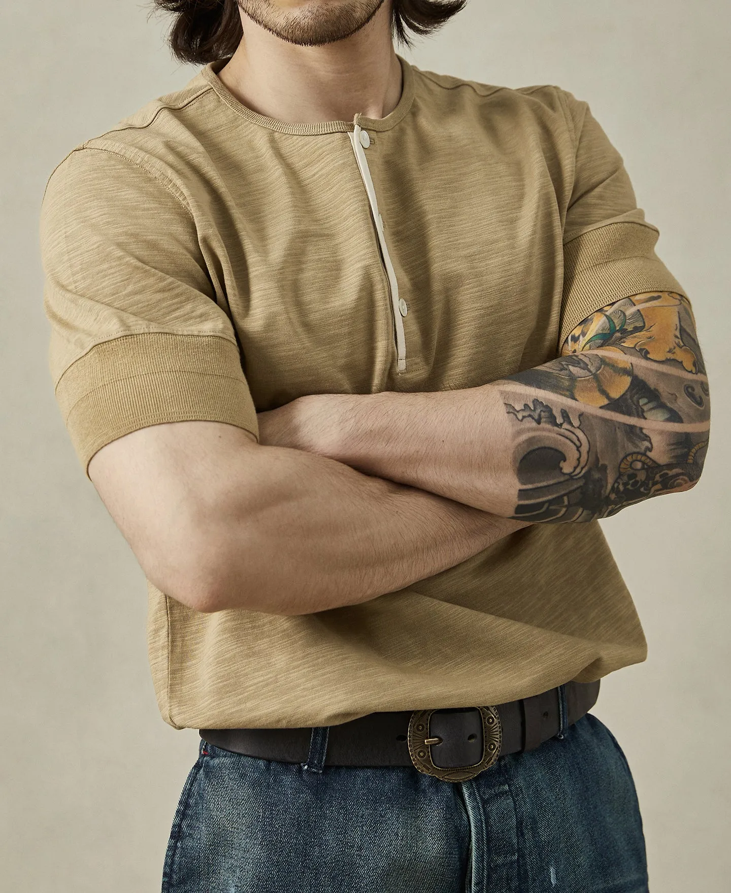 1900s 9.8 oz Slub Cotton Henley T-Shirt - Sand