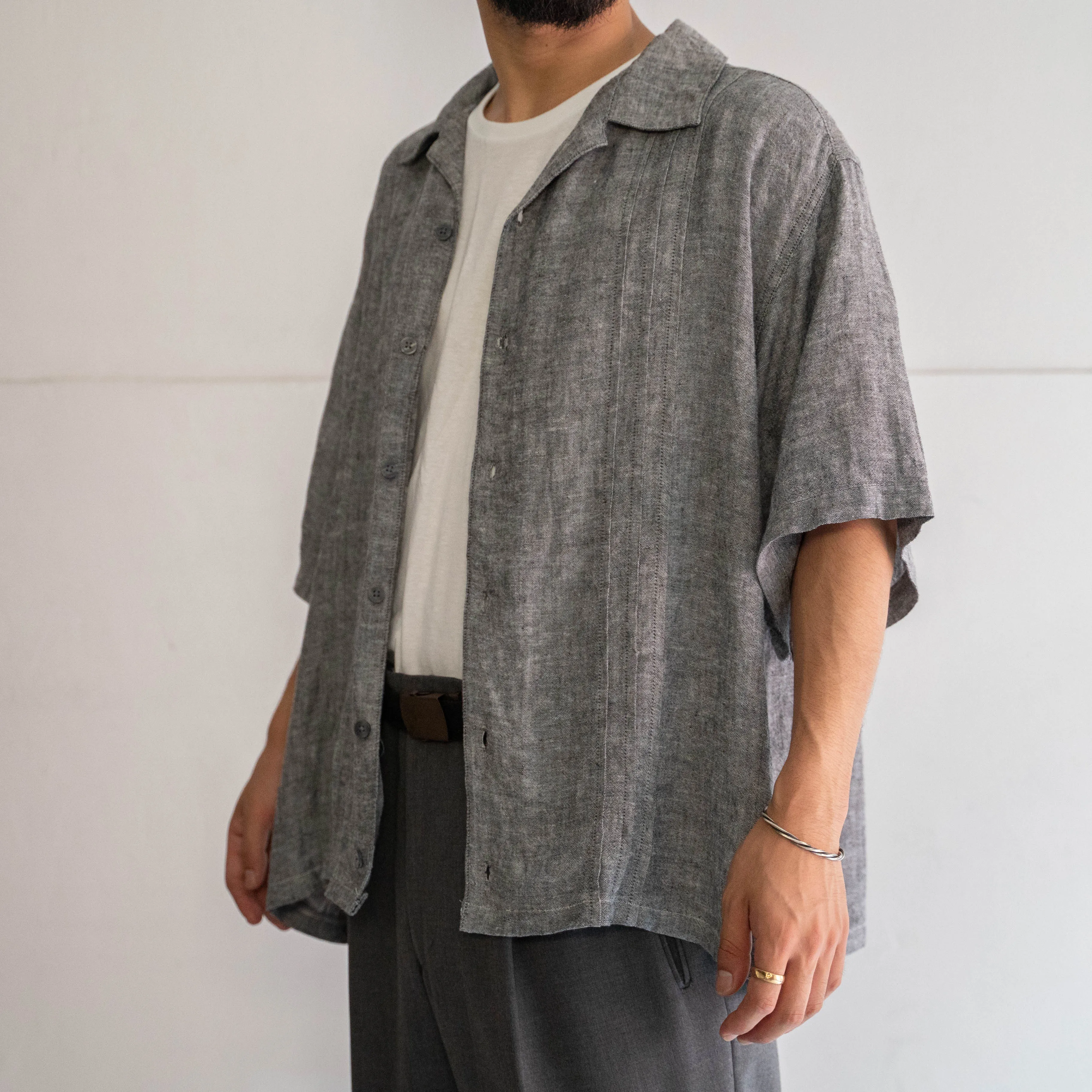 2000s melange gray color cotton linen open collar short sleeve shirt 'remake'