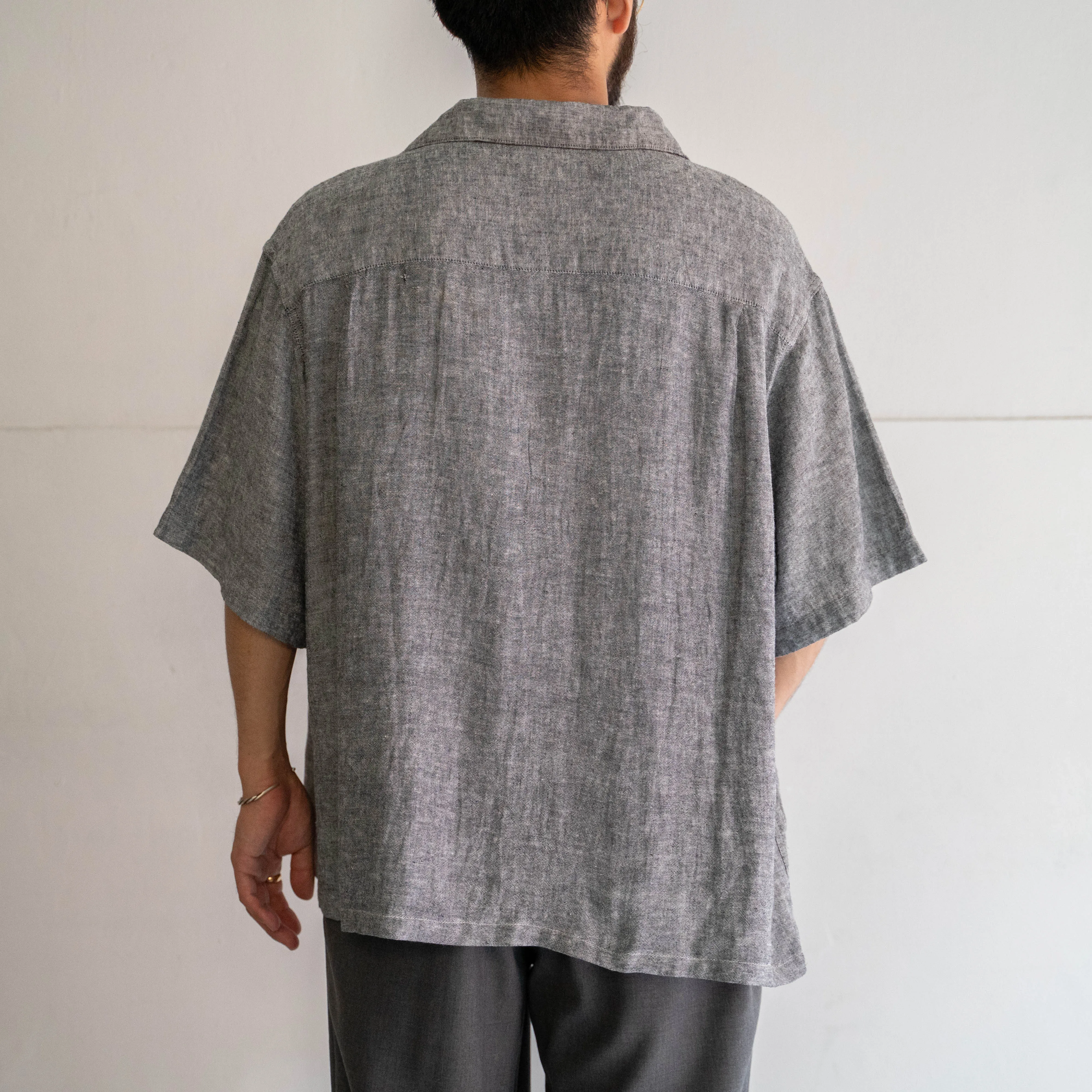 2000s melange gray color cotton linen open collar short sleeve shirt 'remake'