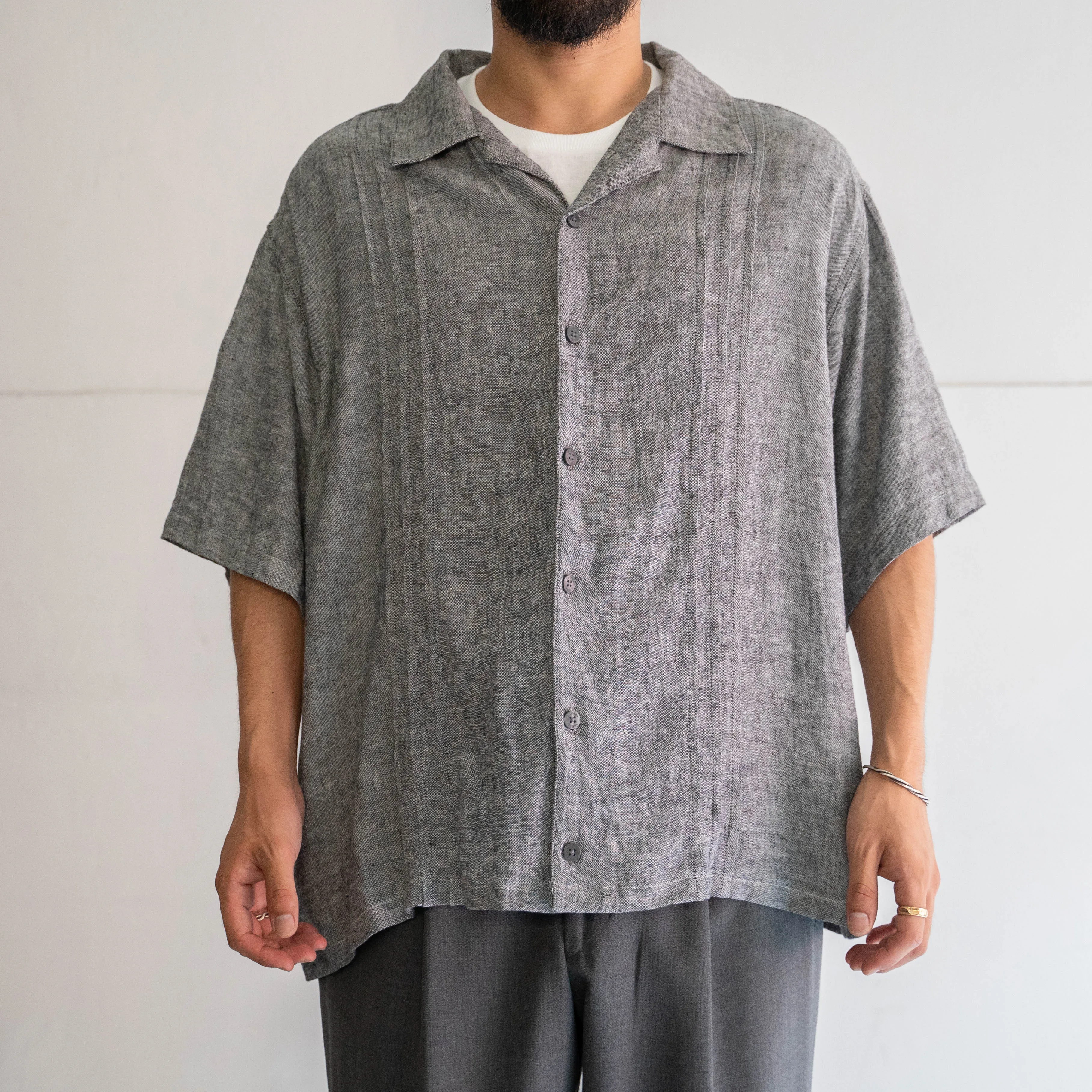 2000s melange gray color cotton linen open collar short sleeve shirt 'remake'