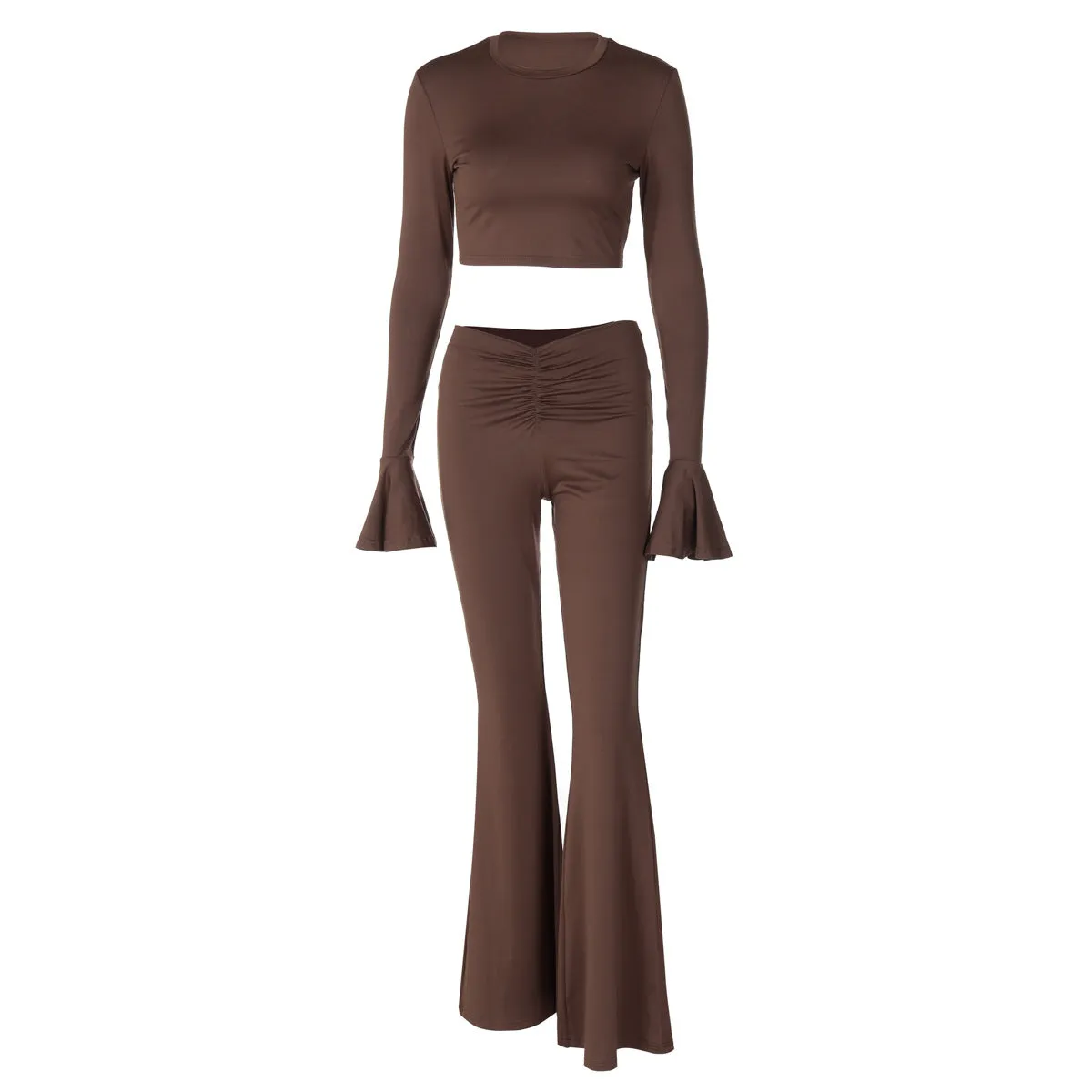 Autumn Winter Solid Color Ruffles Long Sleeve Pleated Slim Trousers Sets