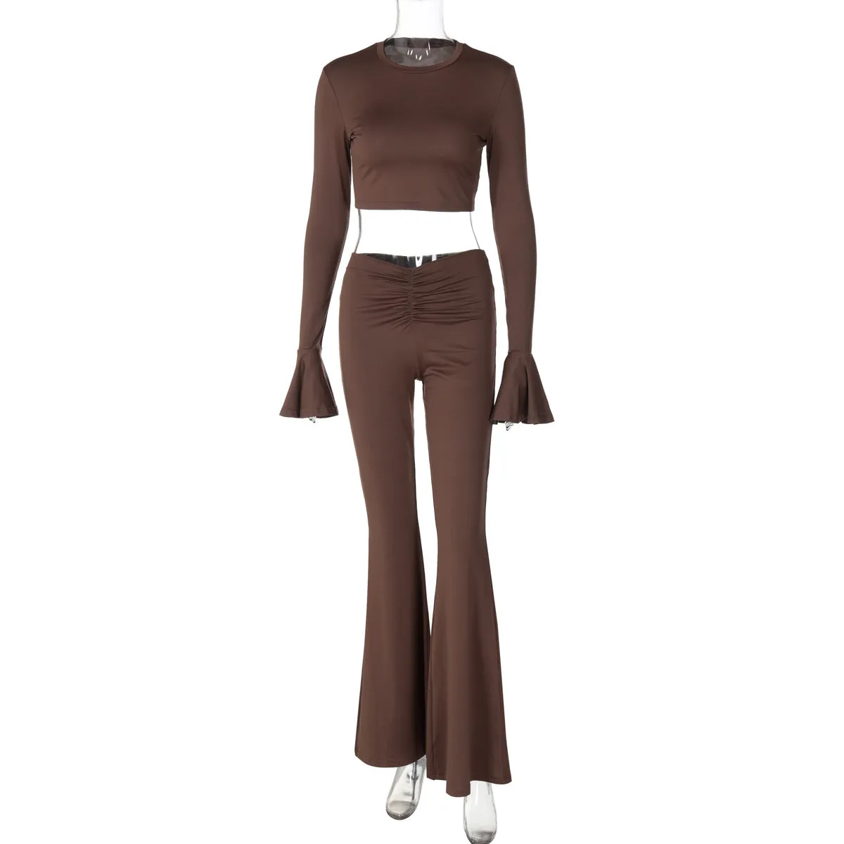 Autumn Winter Solid Color Ruffles Long Sleeve Pleated Slim Trousers Sets