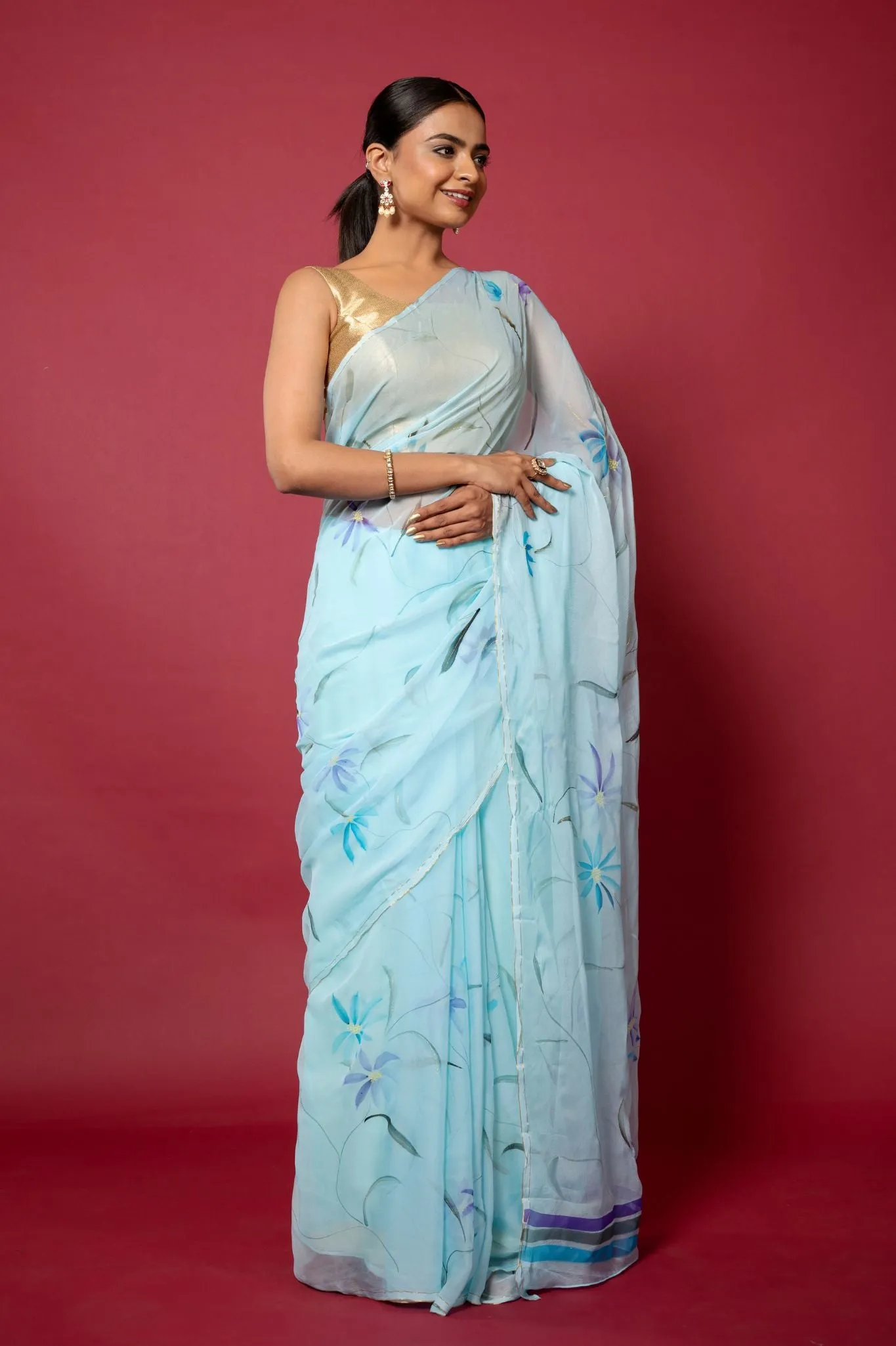 Blue Handpainted Viscose Chiffon Saree