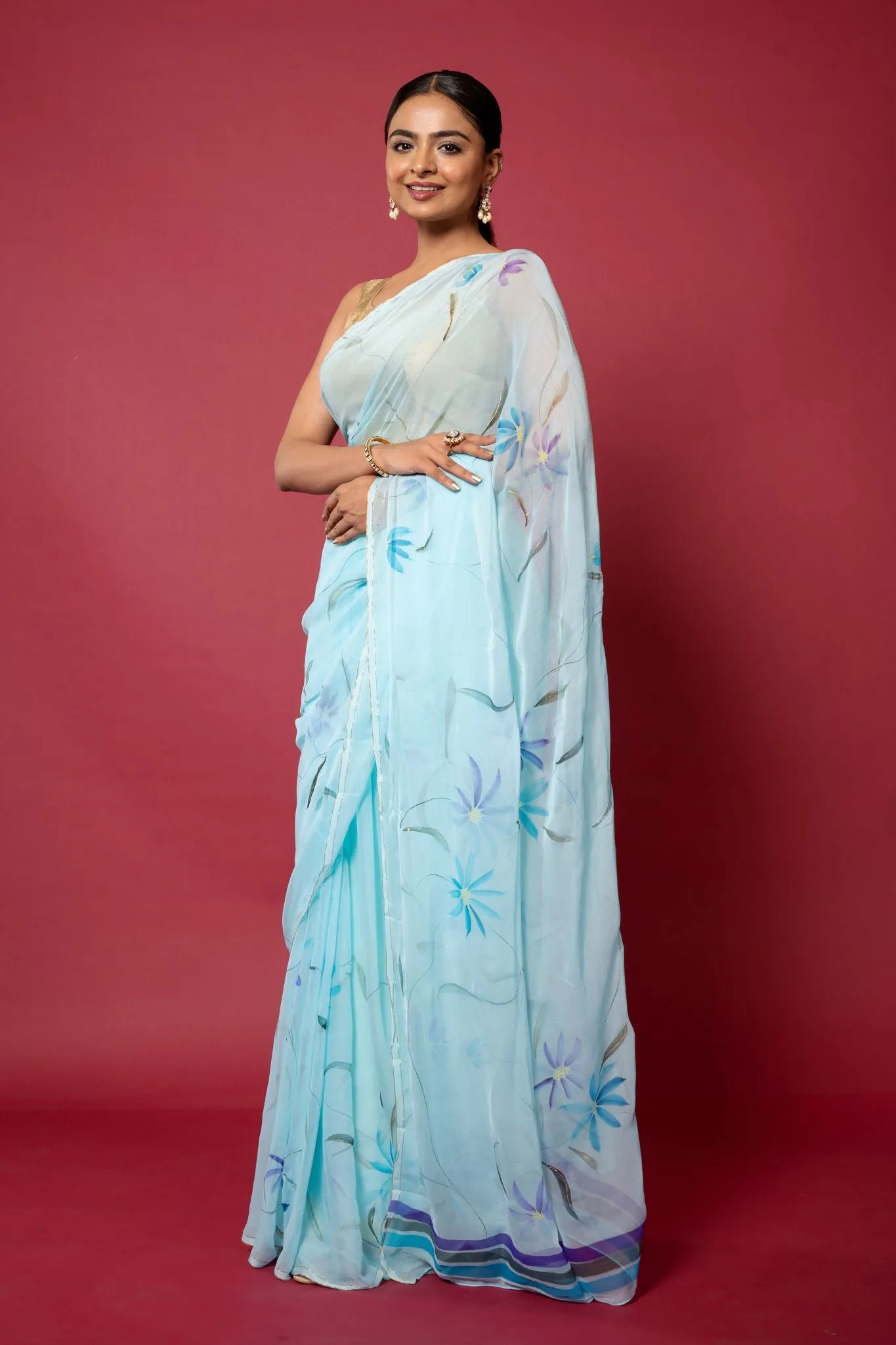 Blue Handpainted Viscose Chiffon Saree