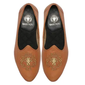 Brune & Bareskin Tan Leather Jalsa Jutti For Men With Golden Lion-King Embroidery