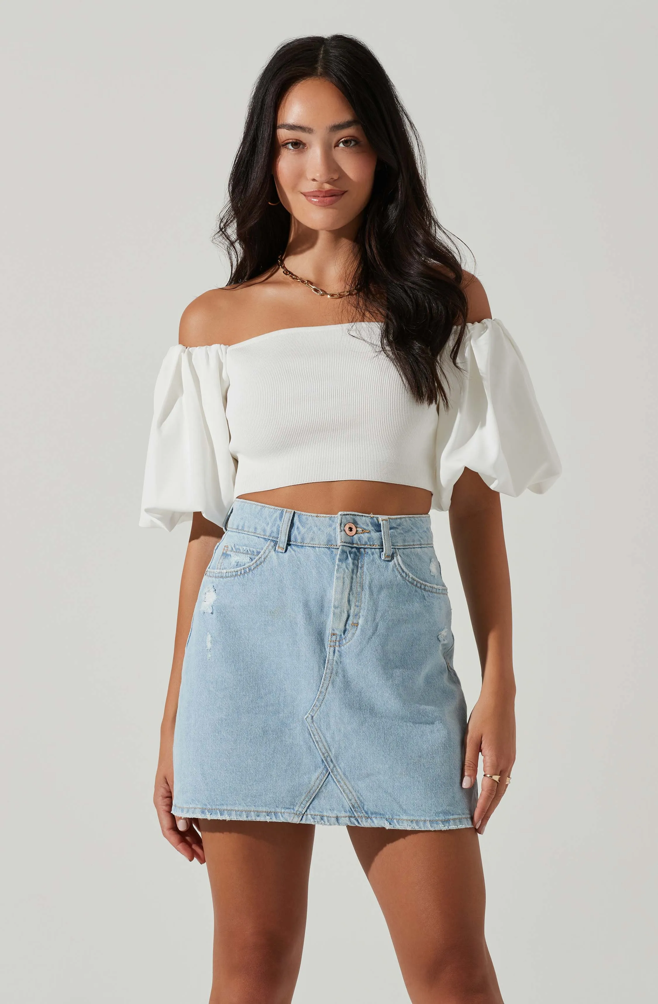 Carminia Sweater Knit Off Shoulder Puff Sleeve Top