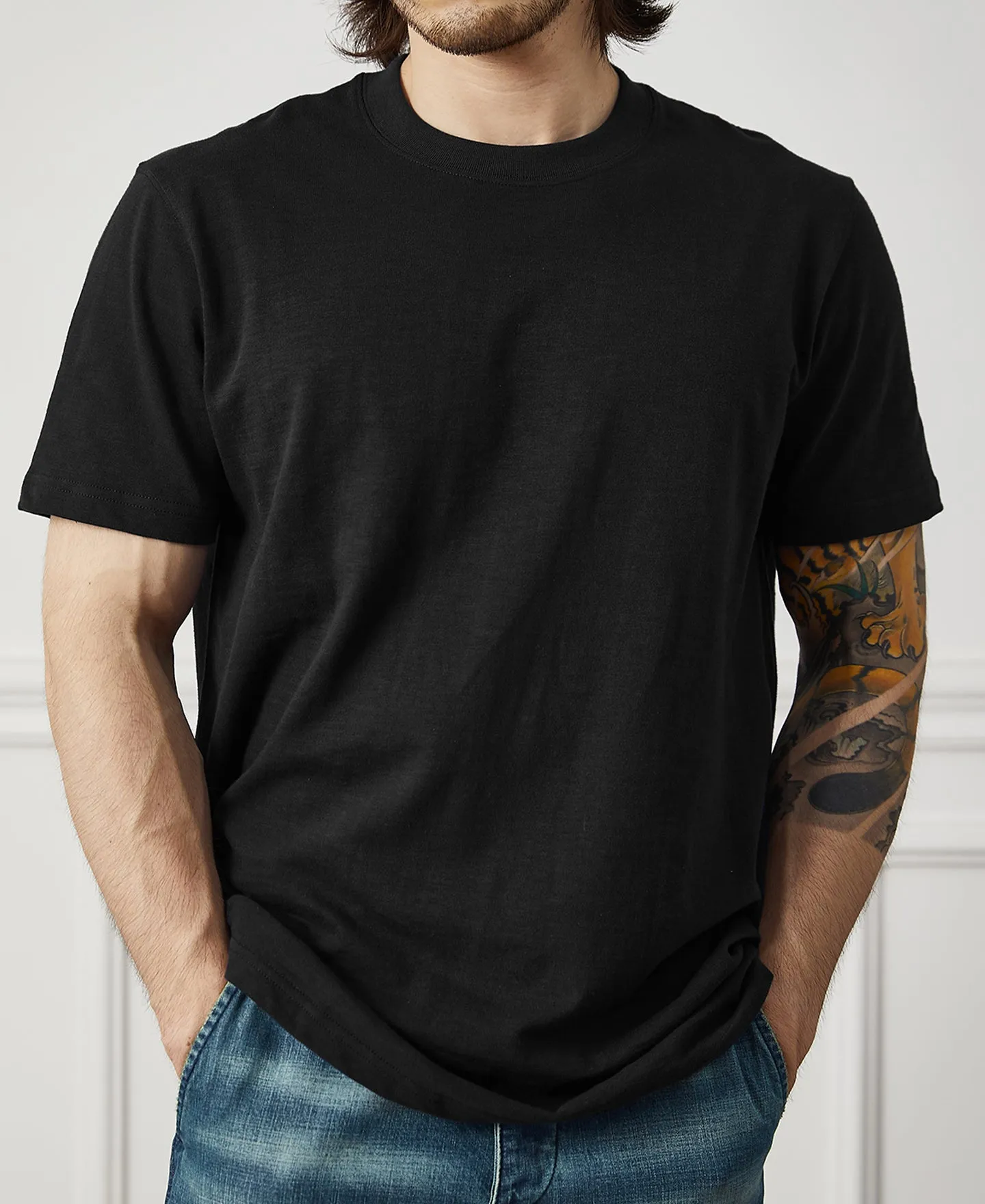 Classic Fit Loopwheel Slub Cotton T-Shirt - Black