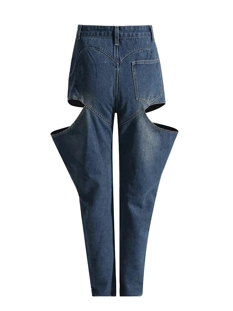 Dark Blue Loose Hollow Out Denim Pants