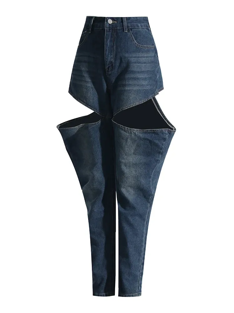 Dark Blue Loose Hollow Out Denim Pants