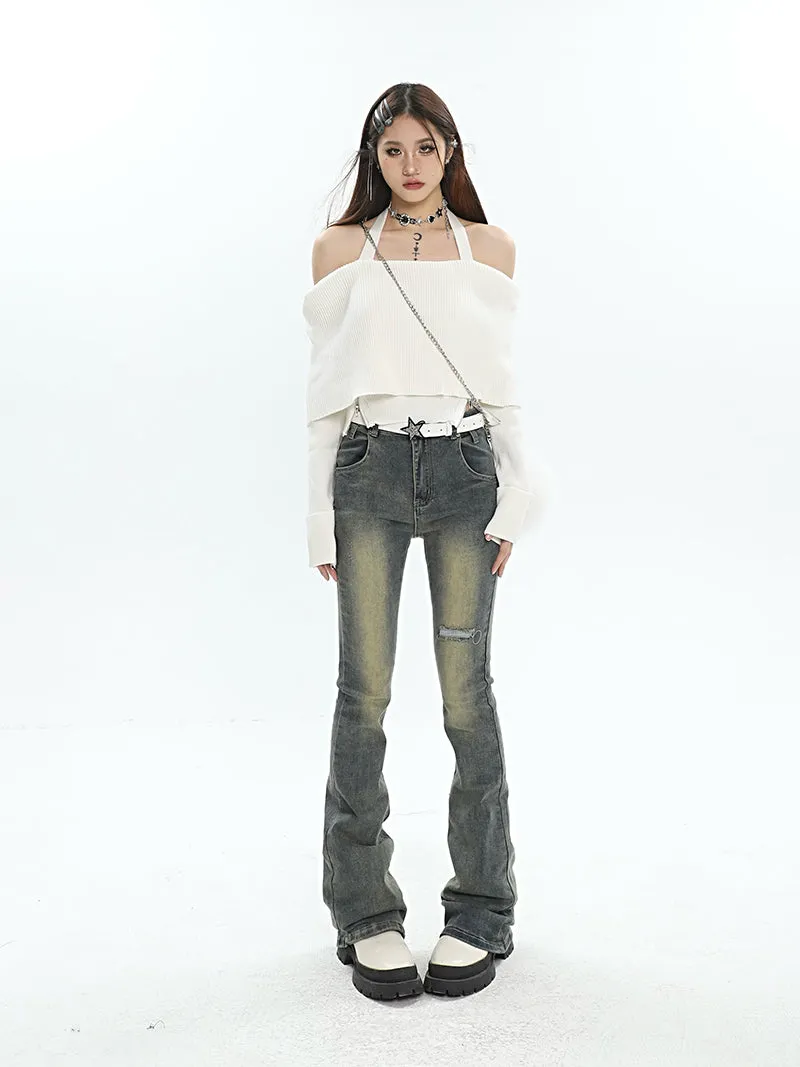 Dayami Washed Faded High Waist Flare Denim Jeans Pants