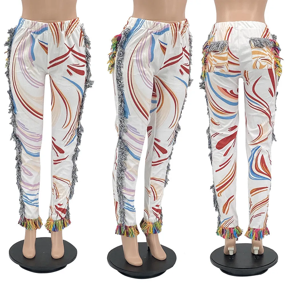 Fashion fringe print trousers（AY1792）