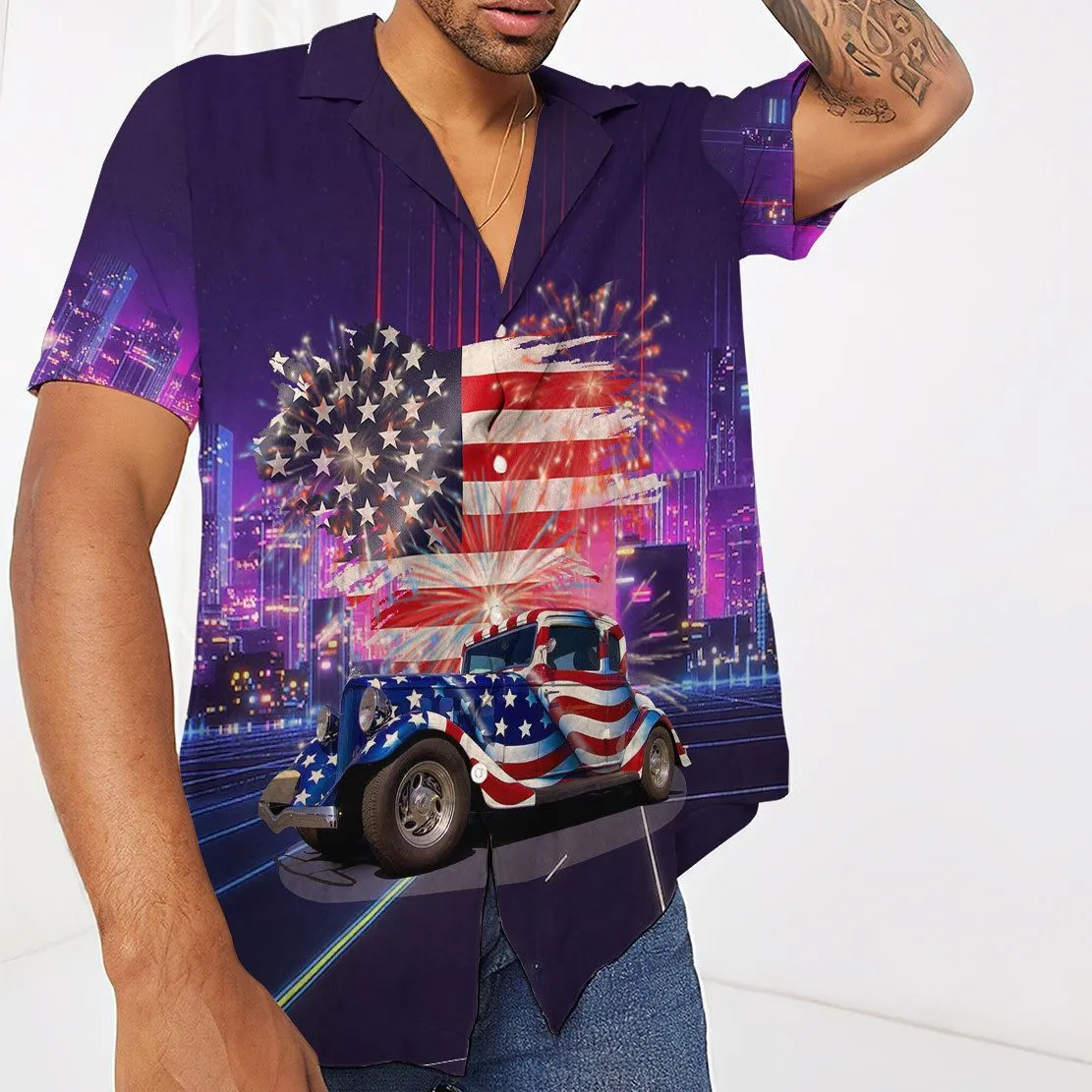 Gearhuman 3D American Flag Hot Rod Hawaii Shirt