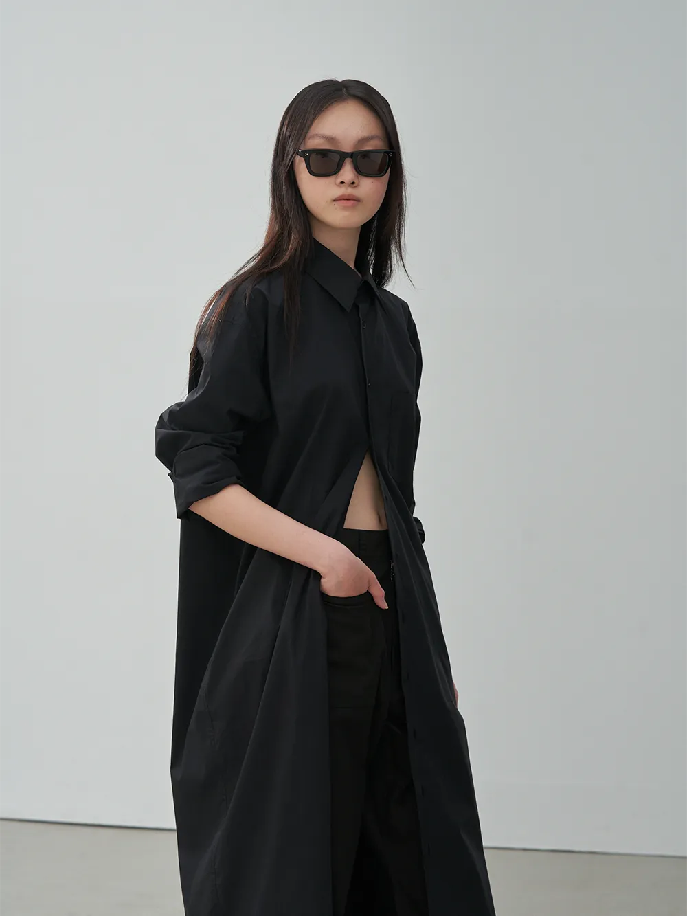 LONG-SLEEVE PETER SHIRT DRESS (BLACK)