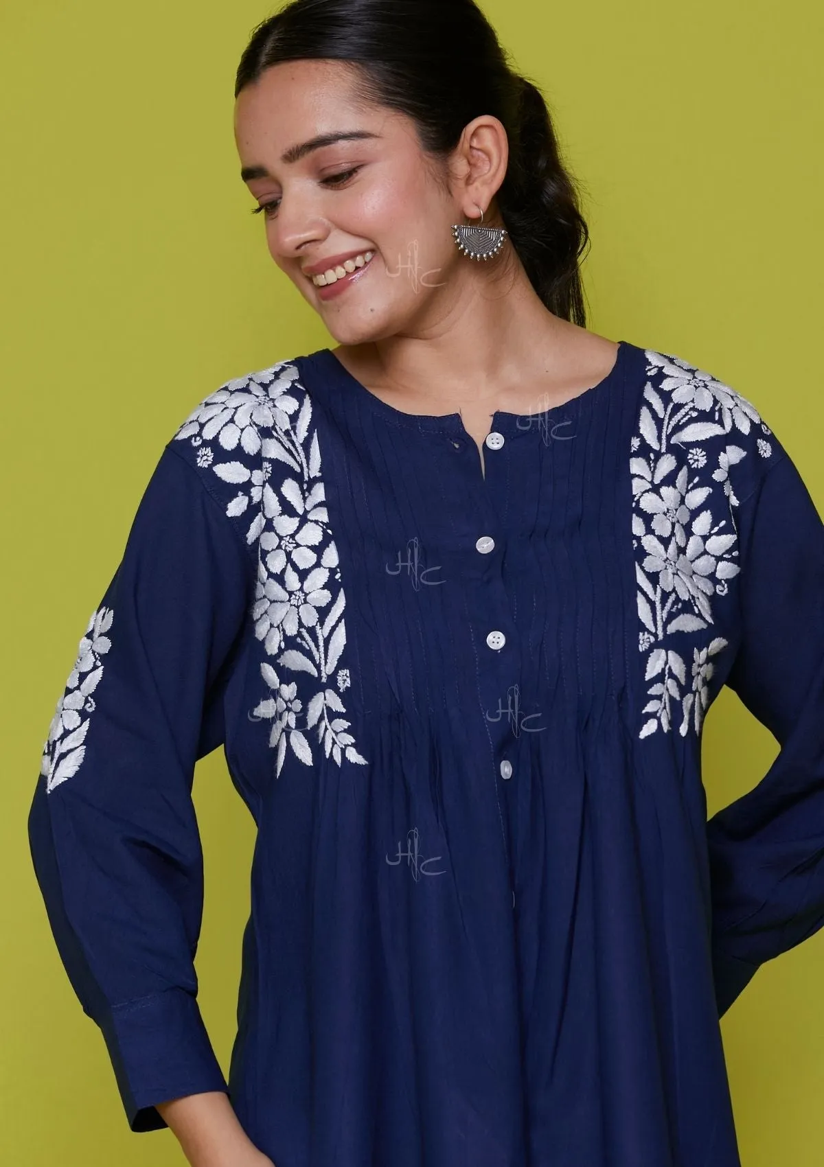 Rayon Chikankari Solid Women's Shirt - Navy Blue