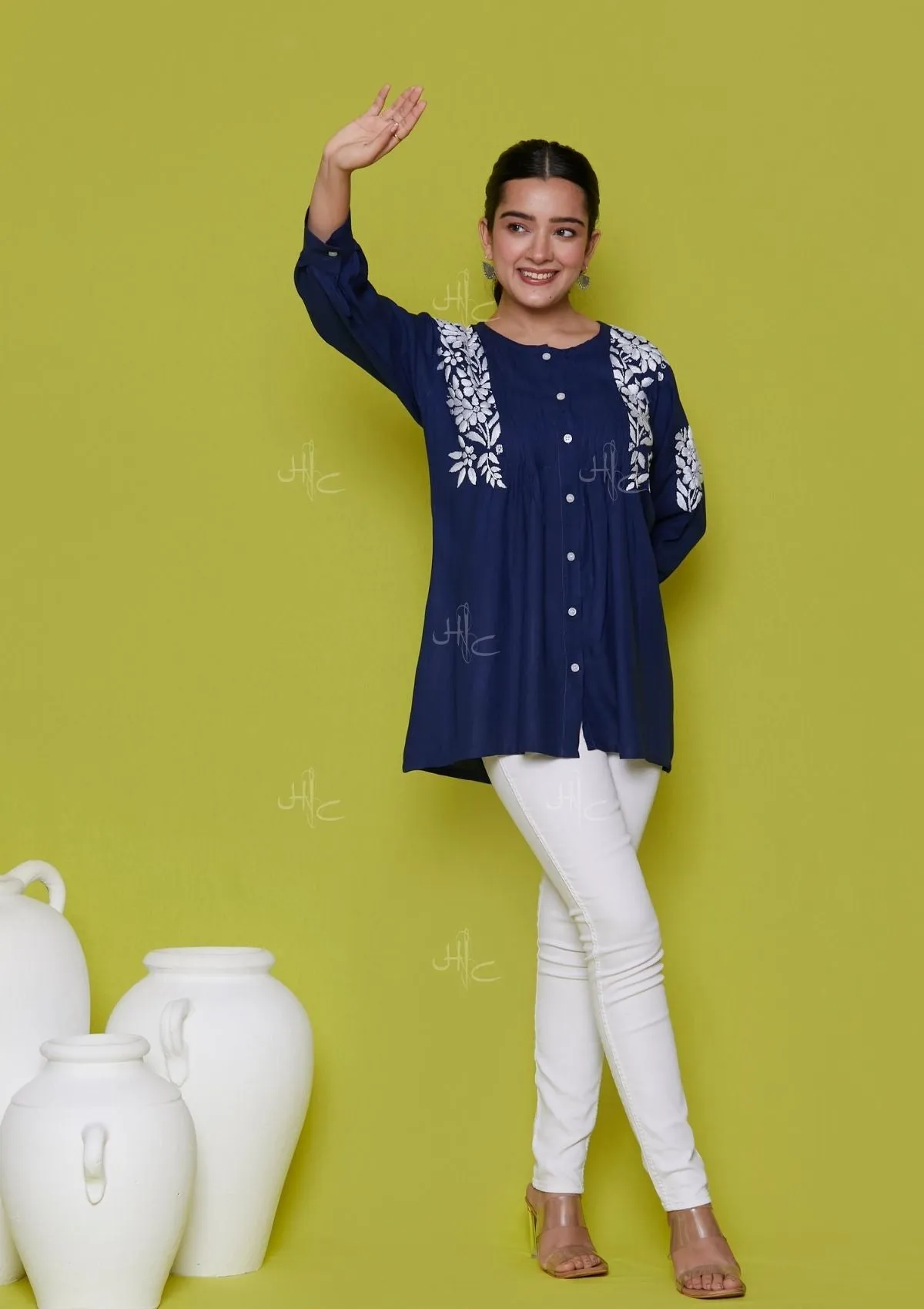 Rayon Chikankari Solid Women's Shirt - Navy Blue