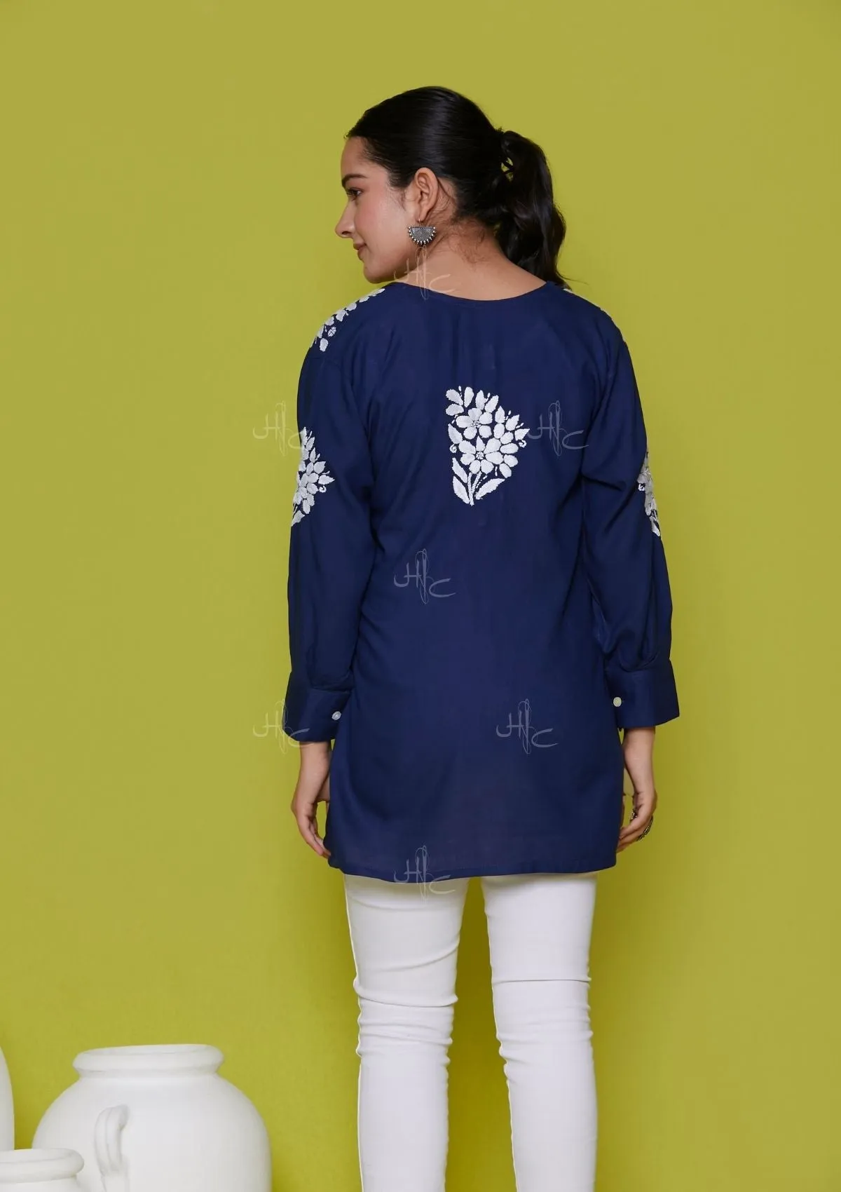 Rayon Chikankari Solid Women's Shirt - Navy Blue