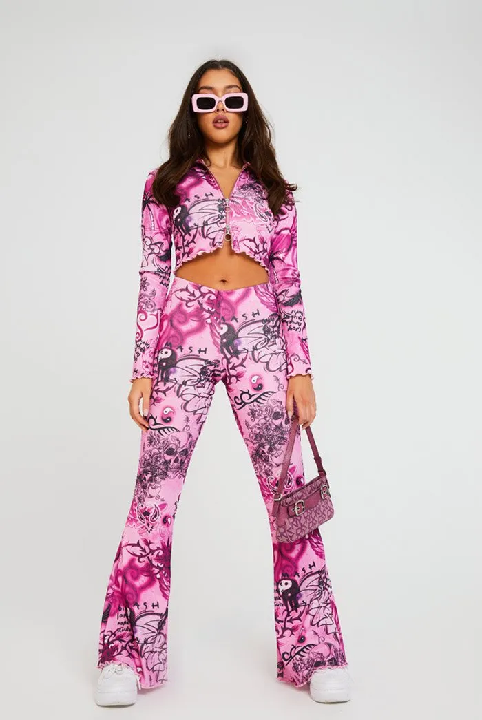 Scribble Print Rib Flare Trousers