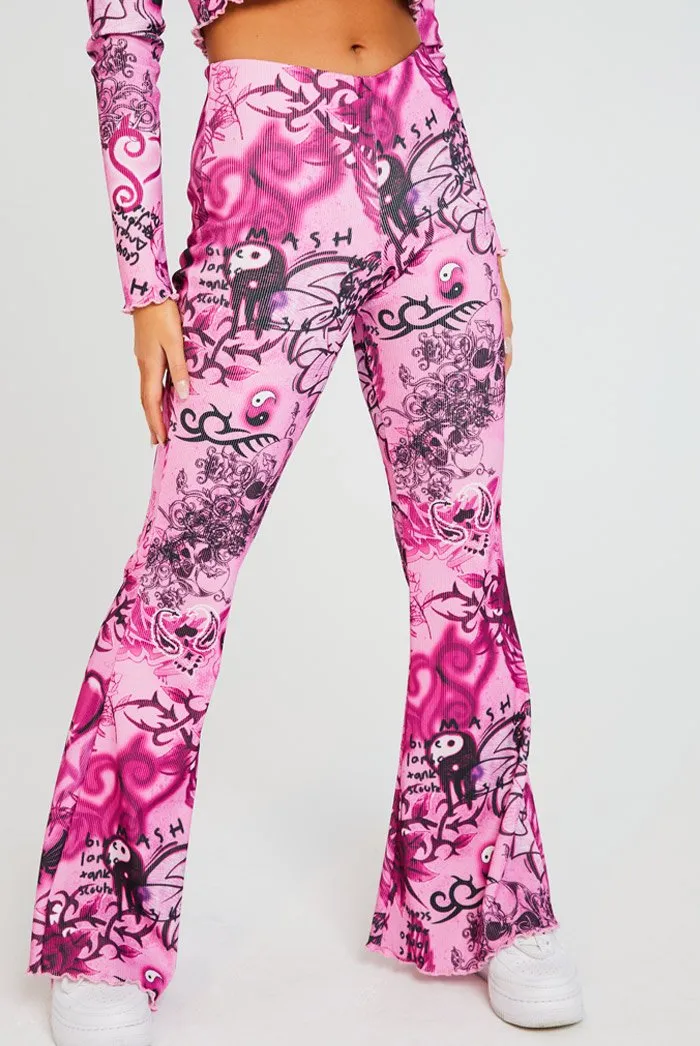 Scribble Print Rib Flare Trousers