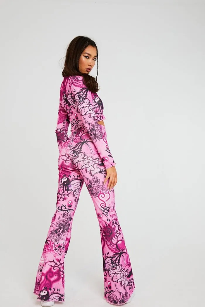 Scribble Print Rib Flare Trousers