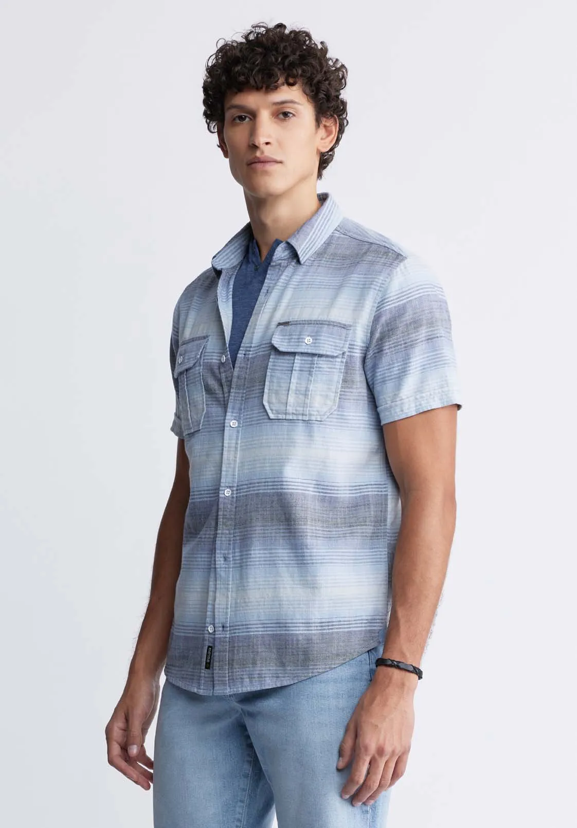 Siboa Men's Short-Sleeve Striped Shirt in Mirage Blue & Grey - BM24303