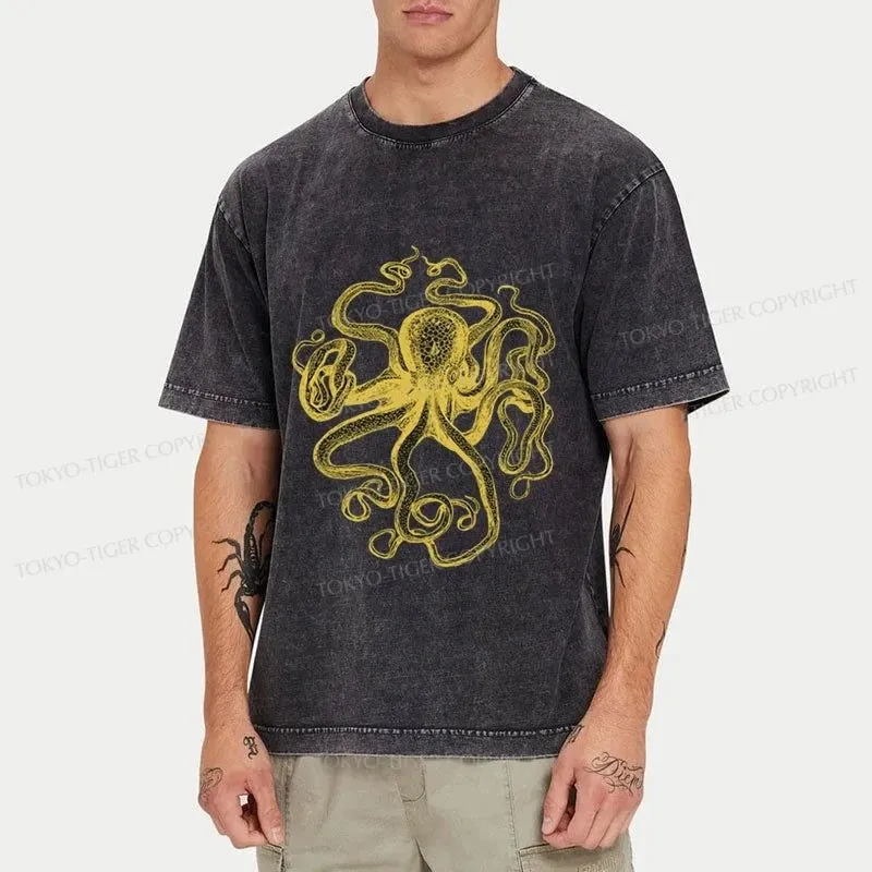 Tokyo-Tiger Golden Octopus Drawing Washed T-Shirt