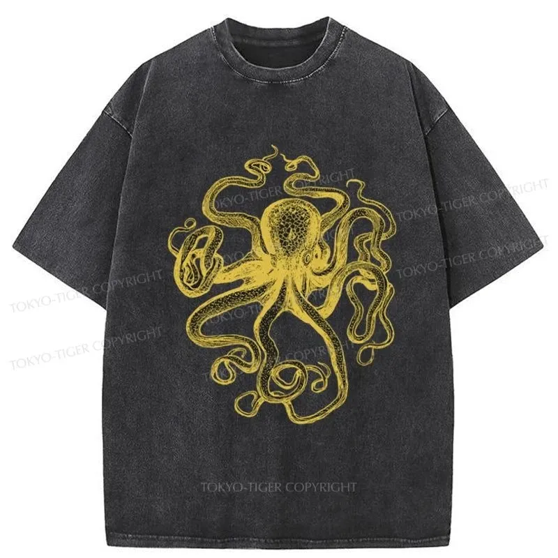 Tokyo-Tiger Golden Octopus Drawing Washed T-Shirt