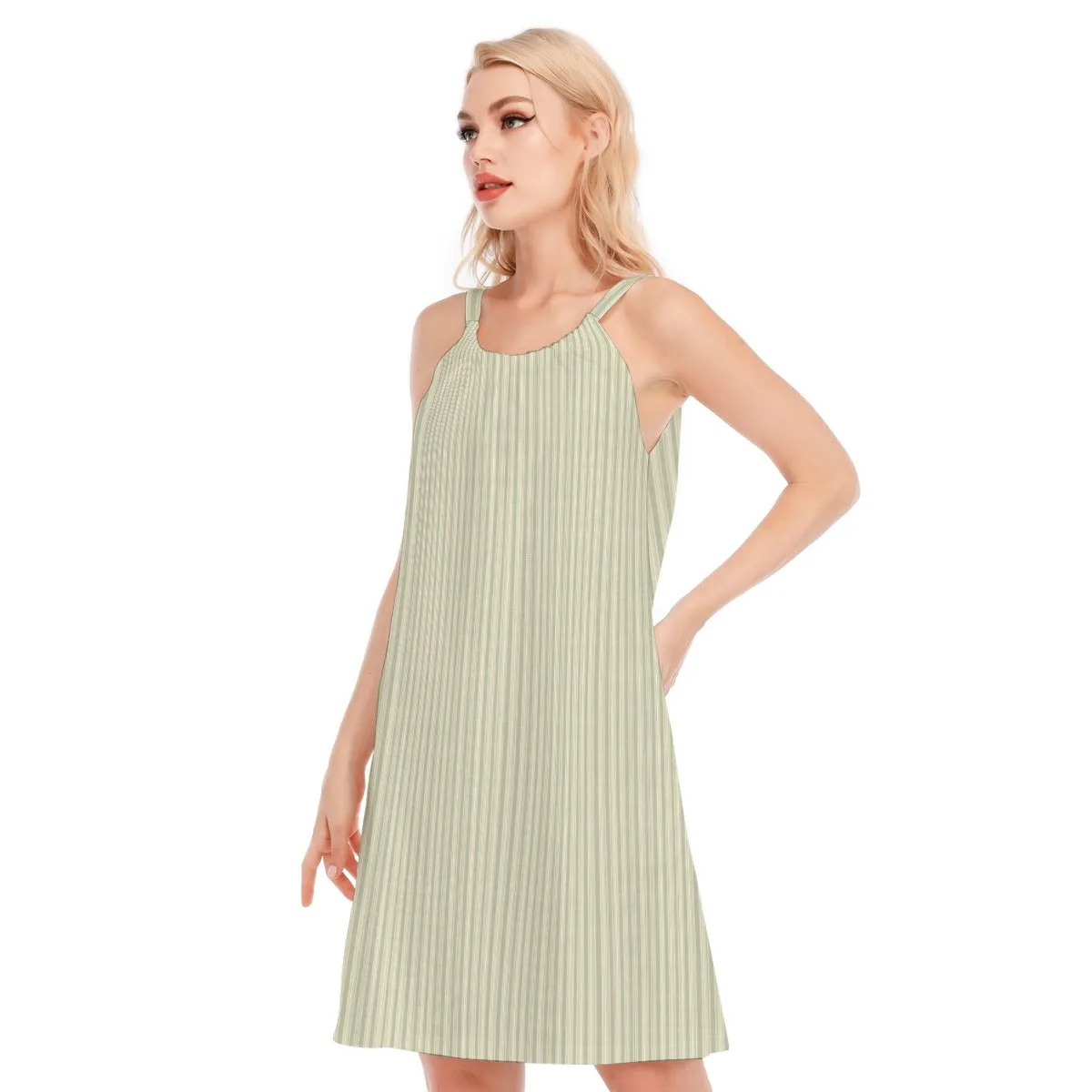 Vampire Art 100% Cotton Grandad Khaki Stripy Pattern Women's O-neck Cami Dress | 190GSM Cotton