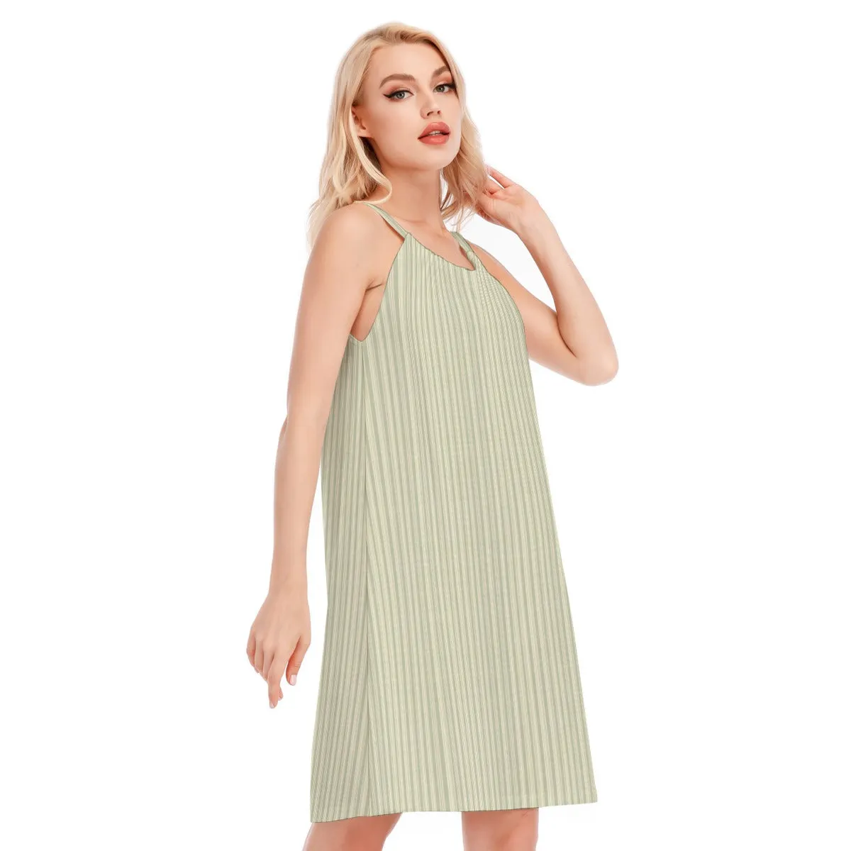 Vampire Art 100% Cotton Grandad Khaki Stripy Pattern Women's O-neck Cami Dress | 190GSM Cotton