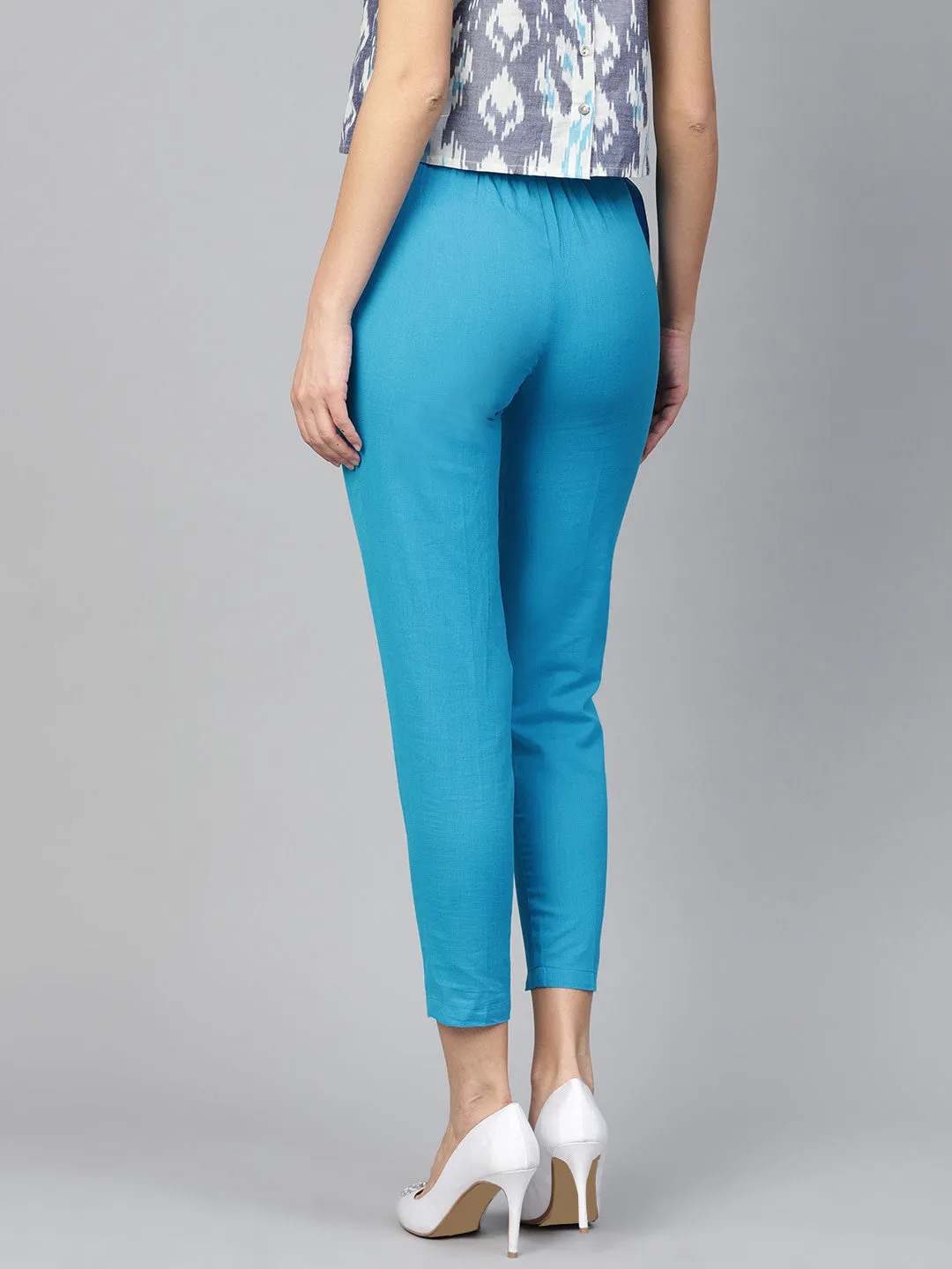 Women Blue Solid High-Rise Cropped Trousers